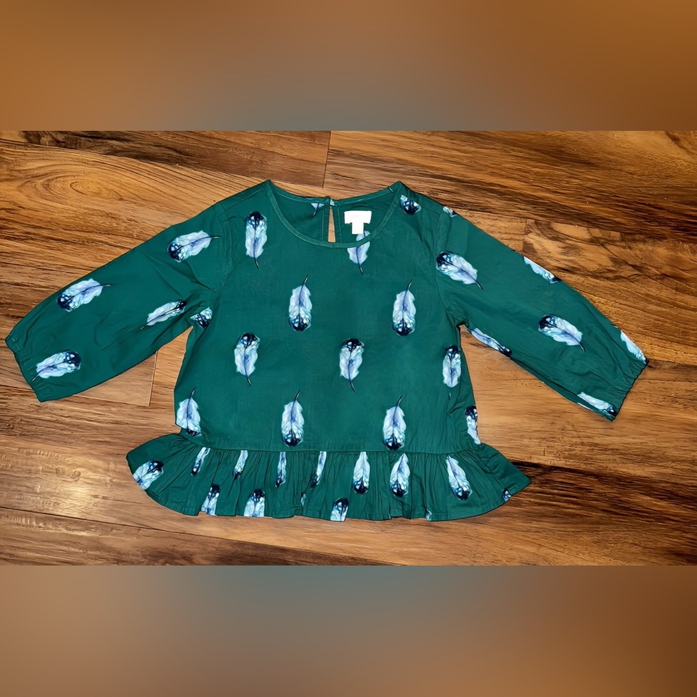 Gymboree Teal Feather Print Toddler Girls Blouse - Size XS (4)